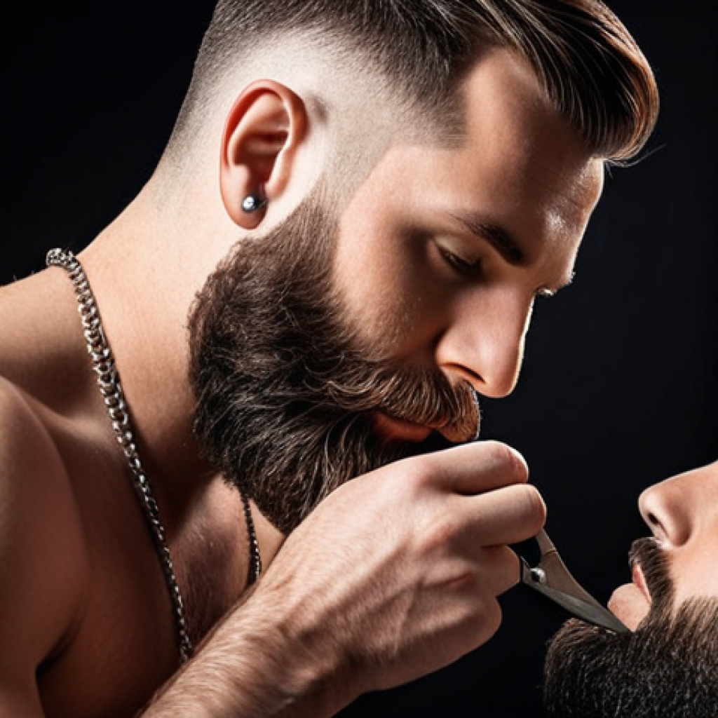 **

A well-groomed man with a stylish, short beard, trimmed neatly to complement his face shape. He's using a high-quality stainless steel barber's scissor to trim his beard with precision, showing the importance of sharp and ergonomic tools for beard maintenance. The lighting is focused on the beard, highlighting its texture and shape.

**