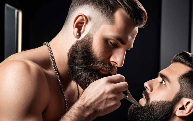 **
A well-groomed man with a stylish, short beard, trimmed neatly to complement his face shape. He's using a high-quality stainless steel barber's scissor to trim his beard with precision, showing the importance of sharp and ergonomic tools for beard maintenance. The lighting is focused on the beard, highlighting its texture and shape.
**
