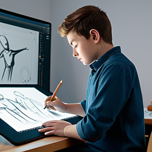 Home 6 A skilled professional animator, fully clothed in modest professional attire, deeply focused on character design at a clean, well-lit digital drawing tablet in a modern animation studio. The screen displays a detailed, expressive animated character sketch. Scattered traditional art supplies like sketchbooks and pencils are visible on the desk, subtly blending classic techniques with digital workflow. The atmosphere is one of creative concentration and artistic passion. The animator's pose is natural and authentic. Safe for work, appropriate content, fully clothed, perfect anatomy, correct proportions, well-formed hands, proper finger count, natural body proportions, professional, family-friendly, high quality studio photography, cinematic lighting.