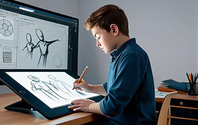 A skilled professional animator, fully clothed in modest professional attire, deeply focused on character design at a clean, well-lit digital drawing tablet in a modern animation studio. The screen displays a detailed, expressive animated character sketch. Scattered traditional art supplies like sketchbooks and pencils are visible on the desk, subtly blending classic techniques with digital workflow. The atmosphere is one of creative concentration and artistic passion. The animator's pose is natural and authentic. Safe for work, appropriate content, fully clothed, perfect anatomy, correct proportions, well-formed hands, proper finger count, natural body proportions, professional, family-friendly, high quality studio photography, cinematic lighting.