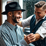 Brad and Billy's Barbershop - The Origin**

"Inside Brad's Barbershop, a cozy Berlin barbershop, Brad, a kind barber in a modest work shirt, smiles warmly at Billy, a young artist wearing a hat, fully clothed, appropriate attire. Rain streaks the window. 'The Magic of the First Meeting' is the theme. Safe for work. Professional setting. Perfect anatomy, correct proportions, well-formed hands, natural pose. High quality, professional photography."

**