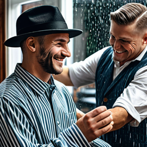 Brad and Billy's Barbershop - The Origin**

"Inside Brad's Barbershop, a cozy Berlin barbershop, Brad, a kind barber in a modest work shirt, smiles warmly at Billy, a young artist wearing a hat, fully clothed, appropriate attire. Rain streaks the window. 'The Magic of the First Meeting' is the theme. Safe for work. Professional setting. Perfect anatomy, correct proportions, well-formed hands, natural pose. High quality, professional photography."

**