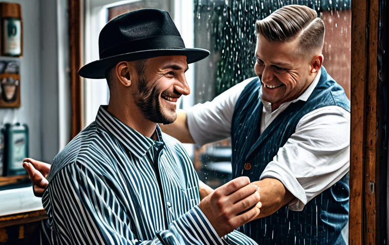 Brad and Billy's Barbershop - The Origin**
"Inside Brad's Barbershop, a cozy Berlin barbershop, Brad, a kind barber in a modest work shirt, smiles warmly at Billy, a young artist wearing a hat, fully clothed, appropriate attire. Rain streaks the window. 'The Magic of the First Meeting' is the theme. Safe for work. Professional setting. Perfect anatomy, correct proportions, well-formed hands, natural pose. High quality, professional photography."
**
