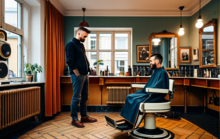 **

"A cozy, inviting barbershop in Berlin, Germany. Focus on the 'Brade Barber Shop' interior. Patrons are conversing comfortably while getting haircuts. The barber is engaged in a friendly chat with a customer. Details include vintage barber chairs, posters of German musicians, and a record player in the corner. The scene captures a sense of community and connection. Realistic, warm lighting, high resolution, safe for work, appropriate content, fully clothed, professional setting, perfect anatomy, natural proportions."

**