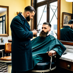 Classic Barbershop Scene**

A vintage barbershop interior in Berlin, Germany. A barber with a neatly trimmed beard is carefully using scissors to cut a client's hair. The client is relaxed and reading a newspaper. Vintage barber chairs, mirrors, and tools are visible.  Safe for work, fully clothed, appropriate attire, professional setting, perfect anatomy, natural proportions, family-friendly. High quality, detailed, professional photography.

**