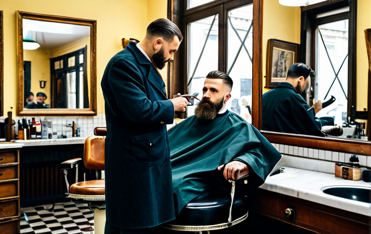Classic Barbershop Scene**
A vintage barbershop interior in Berlin, Germany. A barber with a neatly trimmed beard is carefully using scissors to cut a client's hair. The client is relaxed and reading a newspaper. Vintage barber chairs, mirrors, and tools are visible. Safe for work, fully clothed, appropriate attire, professional setting, perfect anatomy, natural proportions, family-friendly. High quality, detailed, professional photography.
**