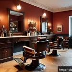 Home 16 브래드이발소 트렌드 변화 - A stylish modern barber shop interior in Berlin featuring dark wood furnishings, leather chairs, war...