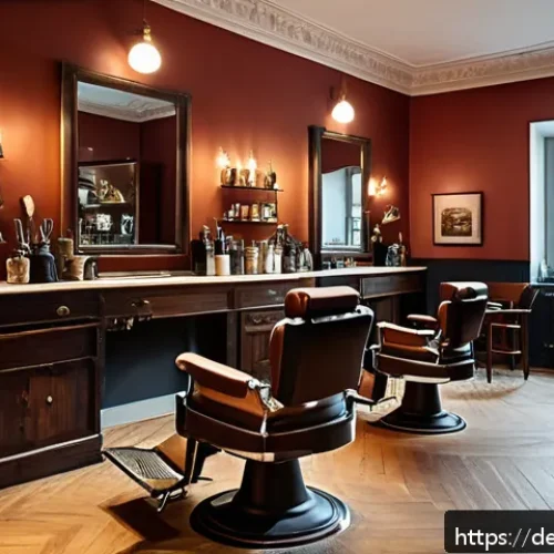 Home 10 브래드이발소 트렌드 변화 - A stylish modern barber shop interior in Berlin featuring dark wood furnishings, leather chairs, war...