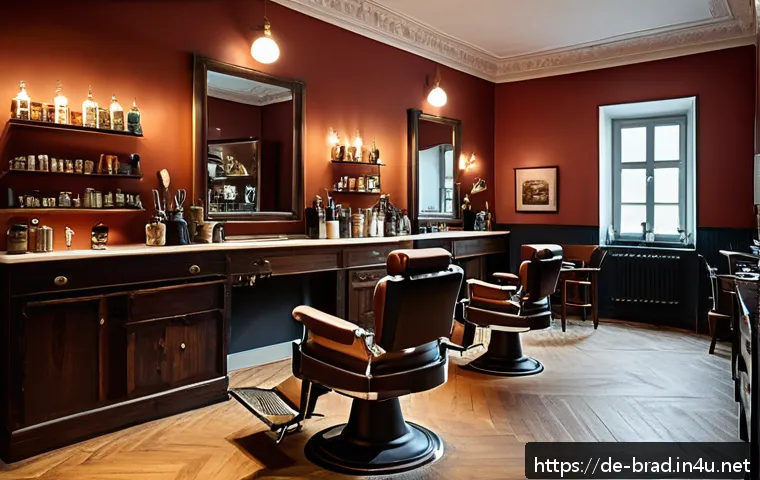브래드이발소 트렌드 변화 - A stylish modern barber shop interior in Berlin featuring dark wood furnishings, leather chairs, war...
