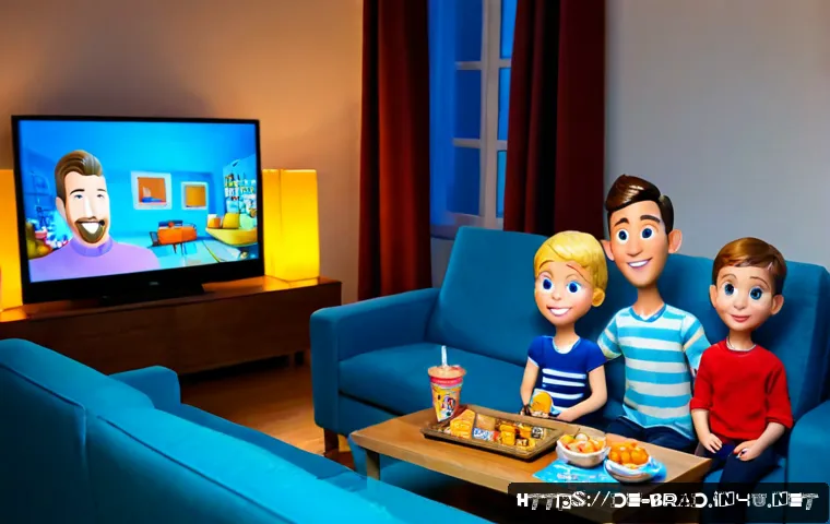 Home 13 브래드이발소 최신 시즌 소식 - Photorealistic cozy German living room in the evening, a cheerful family watching a colorful fiction...