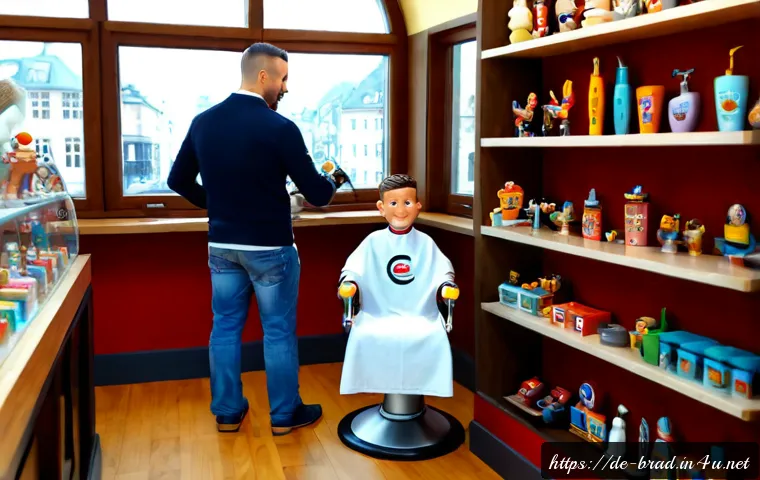 브래드이발소 관련 머천다이징 - Photorealistic German family lifestyle scene in a bright Hamburg toy boutique, a parent and child ex...